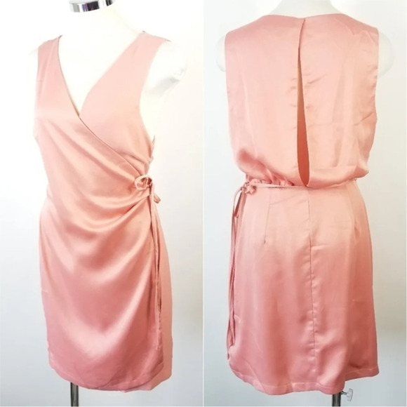 ONE ONE SIX Peach Pink Satin Surplice Dress L - Picture 1 of 6